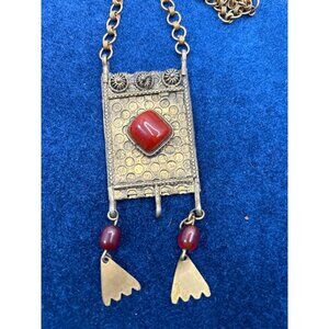 Vintage Brass & Carnelian Pendant Necklace With Chain